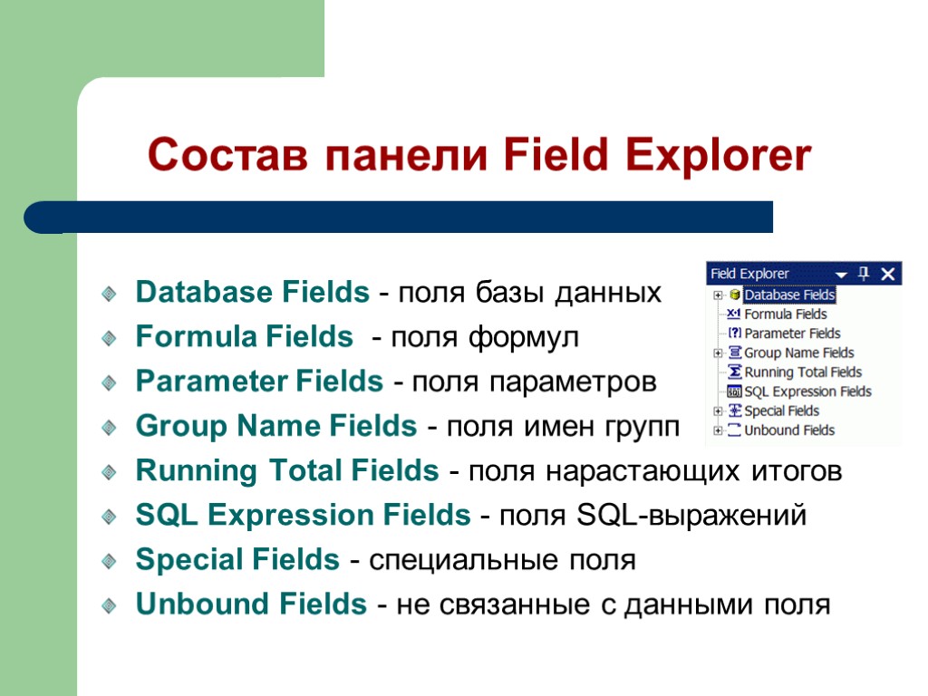 Состав панели Field Explorer Database Fields - поля базы данных Formula Fields - поля